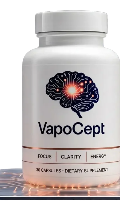 White VapoCept capsule bottle with a circuit-style brain emblem, labeled 30 capsules, from a seller's product image